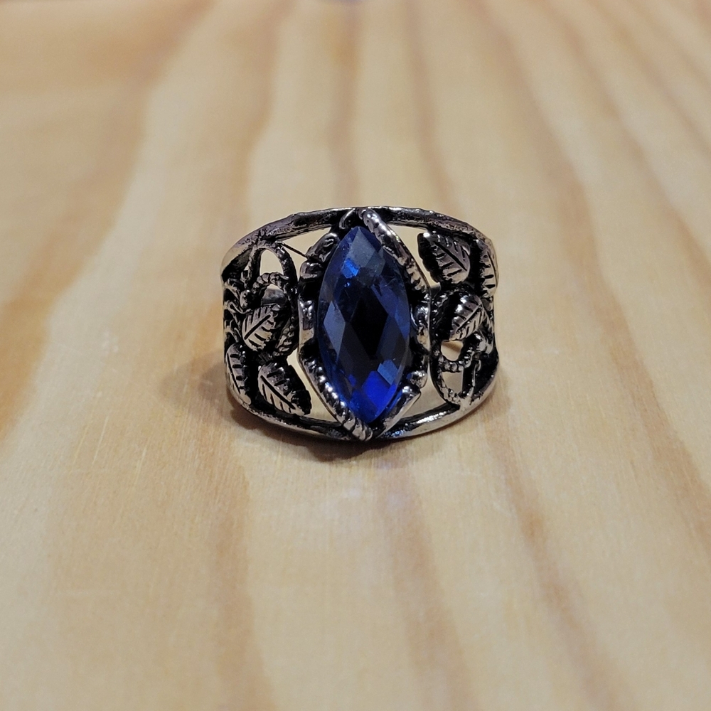 Marquise Silver Filigree Blue Stone Ring NEW